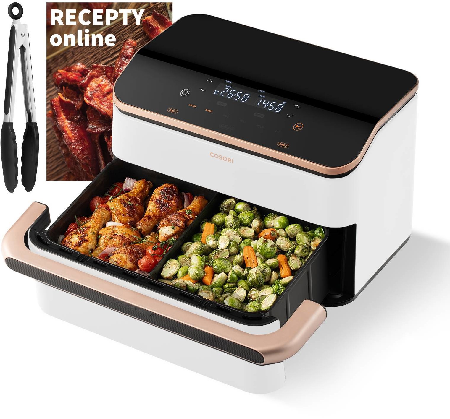 Cosori Dual Blaze TwinFry Smart 10L modulární koš + kleště, bílá