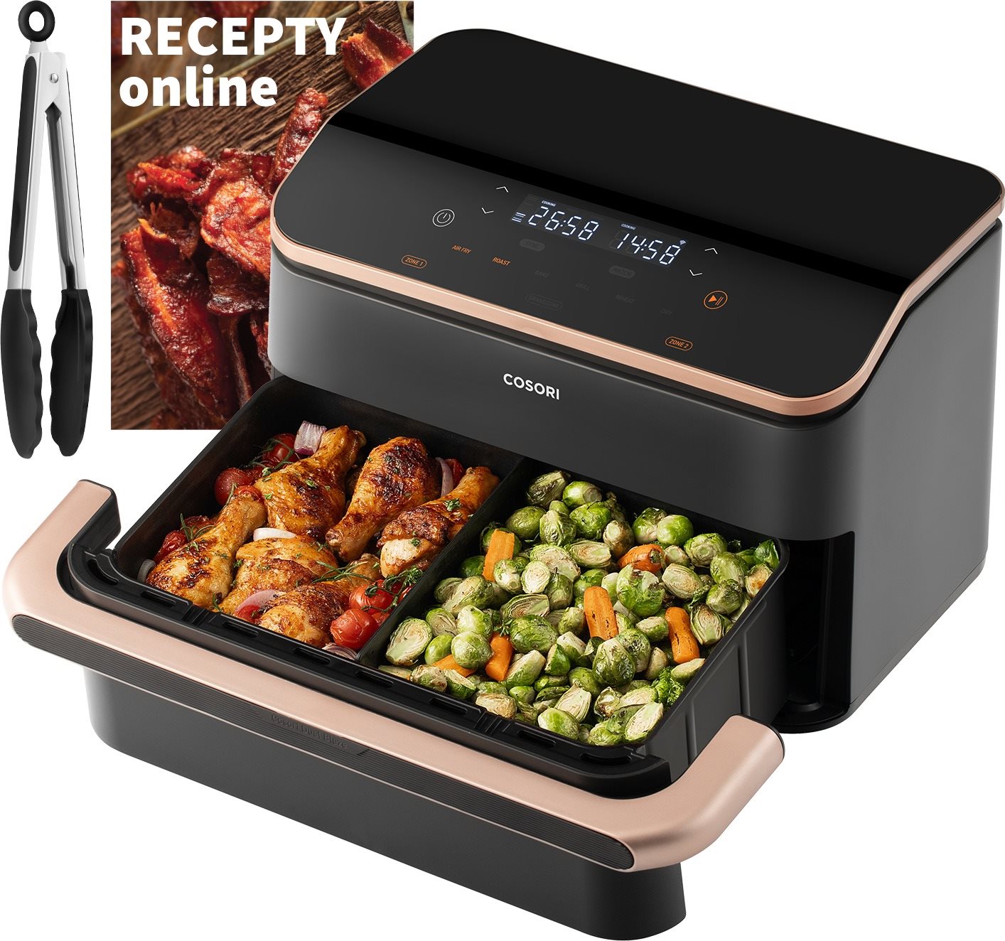 Cosori Dual Blaze TwinFry Smart 10L modulární koš + kleště, černá