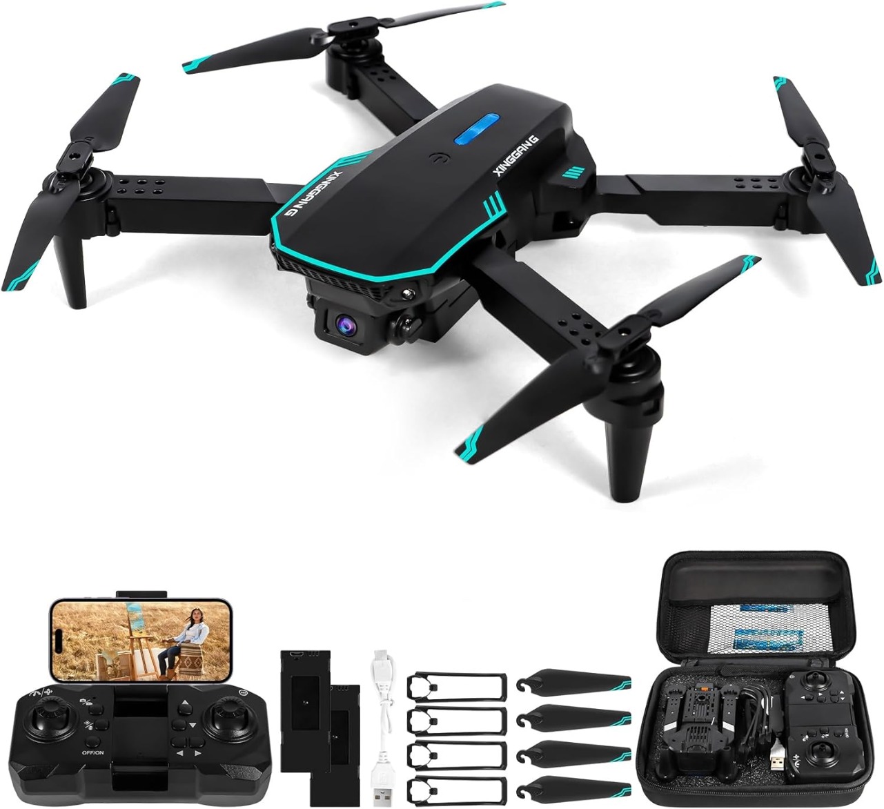 XINGGANG Dron 720P HD, 2 baterie, černý