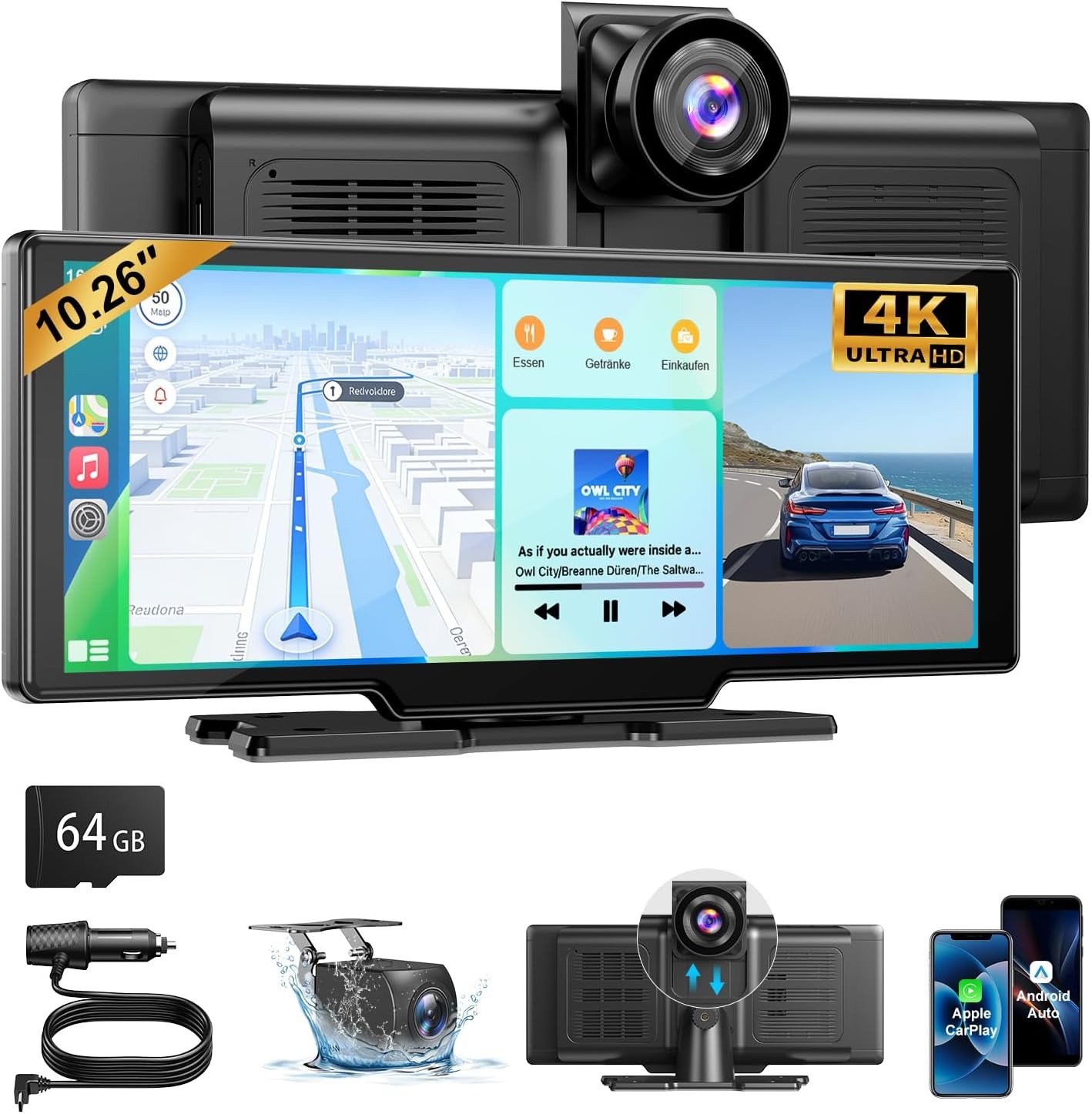 ESSGOO Chytrý displej do auta 10,26", CarPlay, Android Auto, 4K přední kamera a zadní kamera
