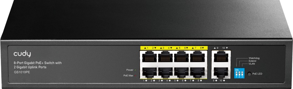 CUDY 8-Port Gigabit PoE+ Switch s 2 Uplink porty
