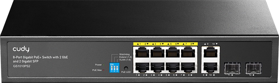 CUDY 8-Port Gigabit PoE+ Switch s 2 GbE a 2 Gigabit SFP