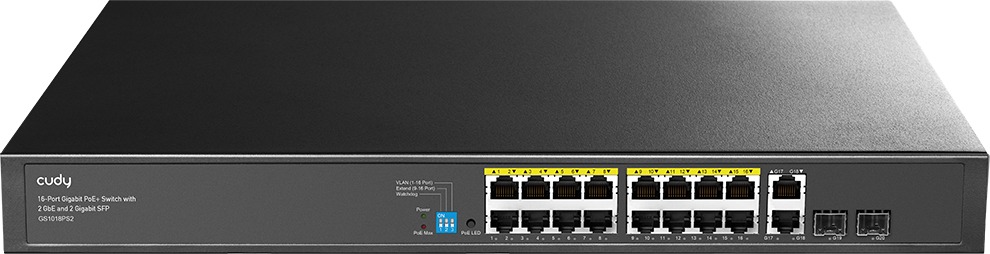 CUDY 16-Port Gigabit PoE+ Switch s porty a designem
