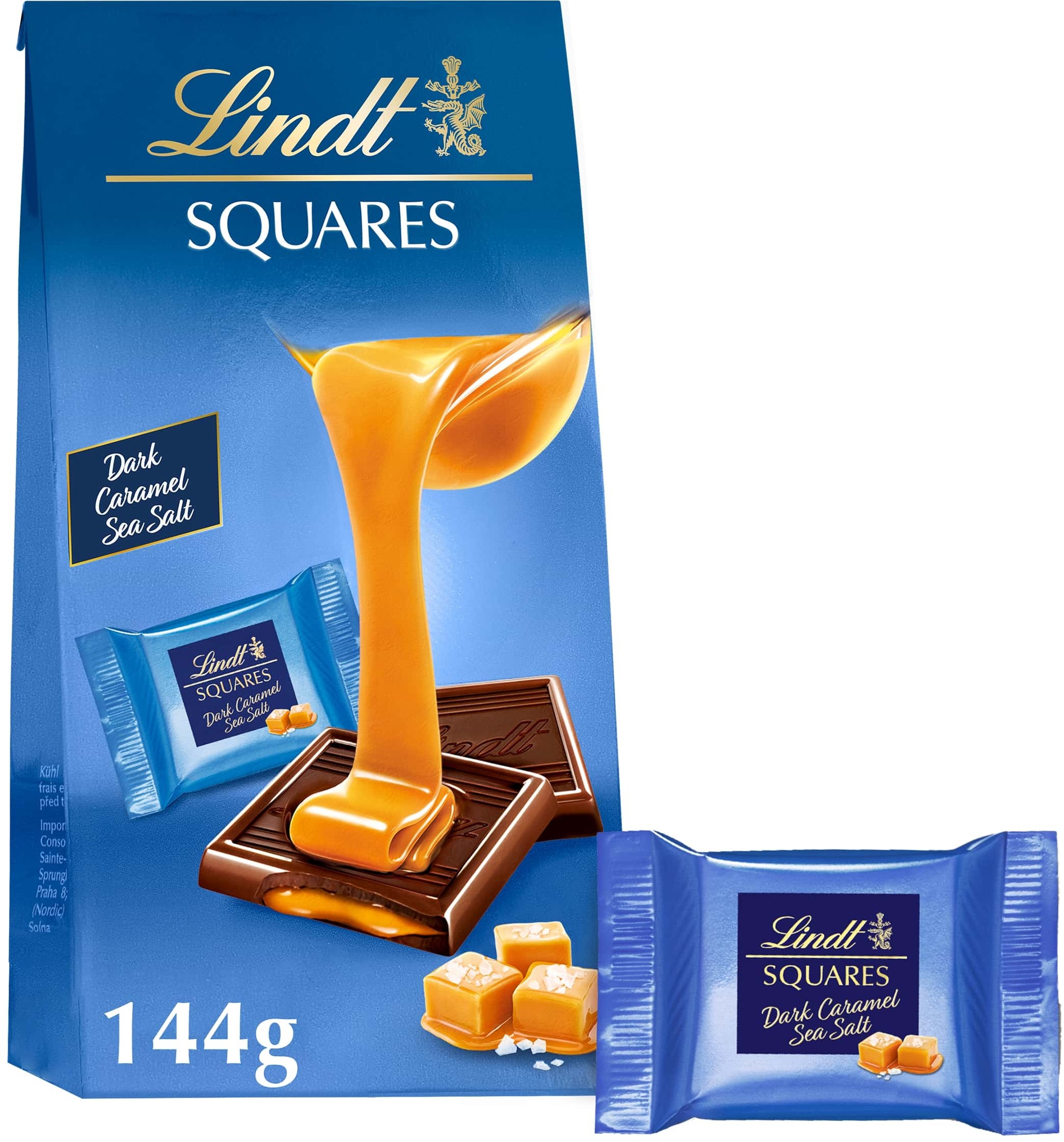 LINDT Squares Hořká Čokoláda S Karamelovou Náplní A Mořskou Solí 144 g