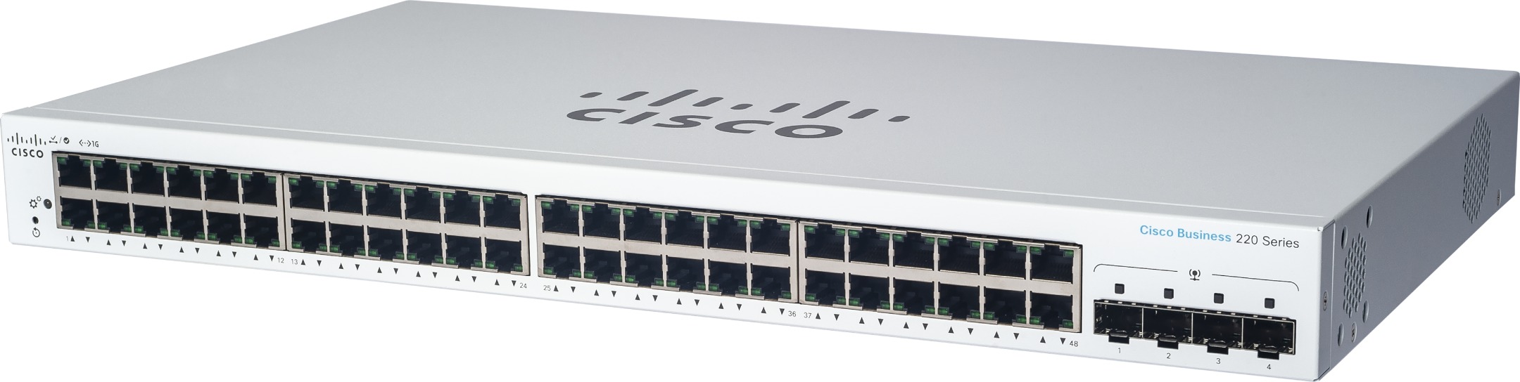 Cisco CBS220 Smart 48-port GE, PoE, 4x10G SFP+ - detailní pohled na síťový switch
