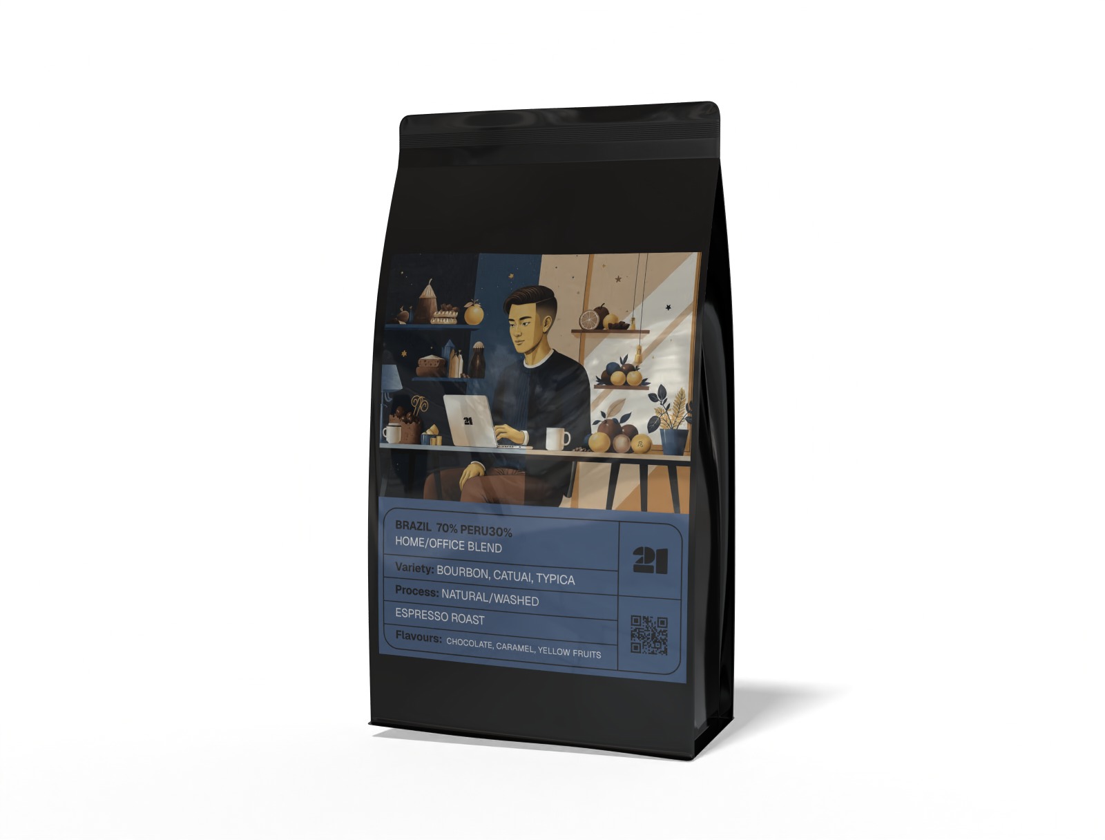 21 Coffee Brazil 70%, Peru 30%, Home/Office, Blend/Bourbon, Catuai, Typica, Natural/Washed, 1 kg