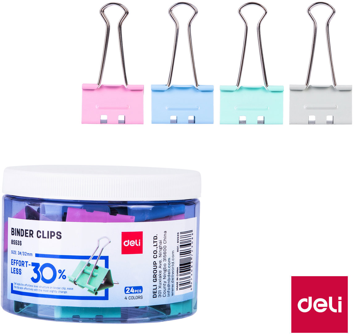 Sponky DELI Binder clip 32 mm v pastelových barvách - balení 24 ks
