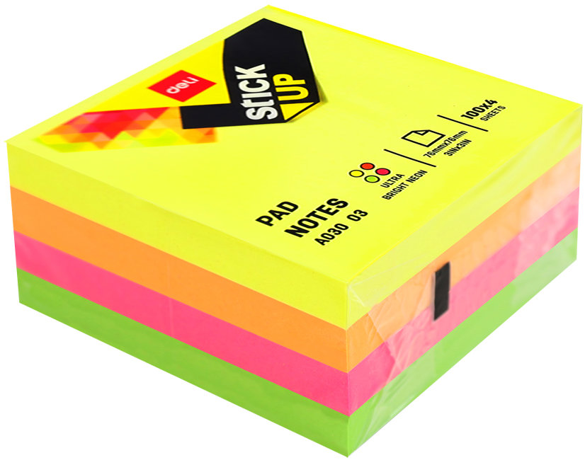 DELI STICK UP samolepicí 76 × 76 mm, 4 × 100 lístků, neonový mix barev
