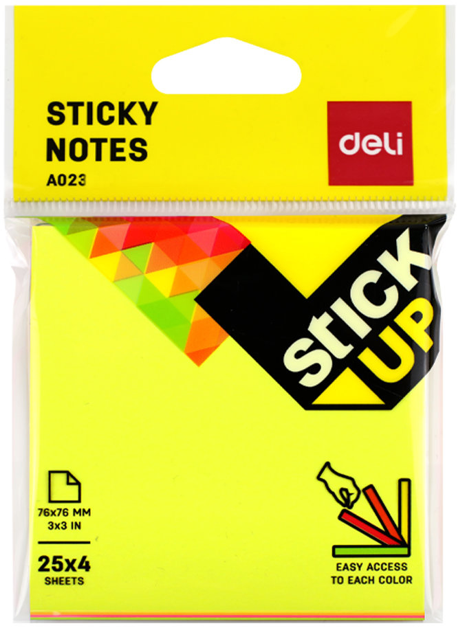 DELI STICK UP Easy acces samolepicí 76 × 76 mm, 4 × 25 lístků, neonový mix barev