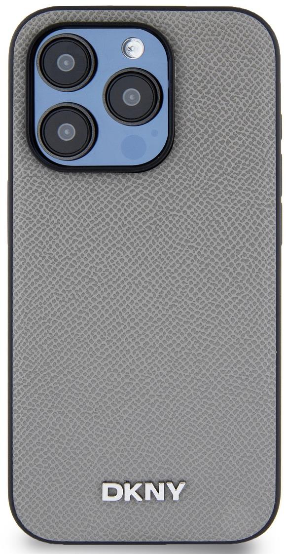 DKNY PU Leather Silver Metal Logo Magsafe Zadní Kryt pro iPhone 15 Pro Max Grey