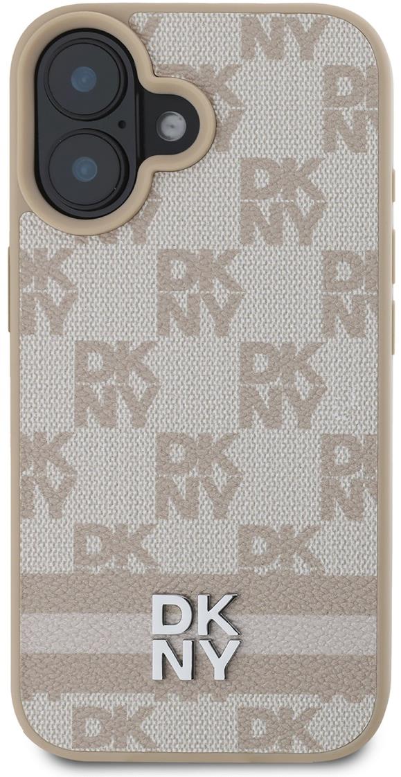DKNY PU Leather Checkered Pattern and Stripe Zadní Kryt pro iPhone 16 Pink