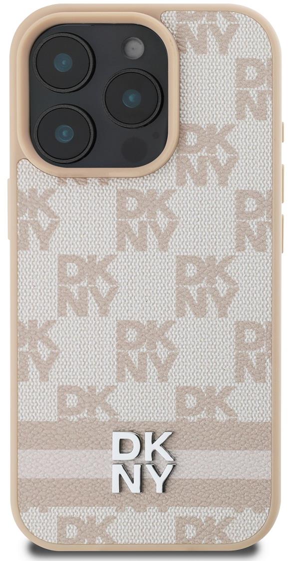 DKNY PU Leather Checkered Pattern and Stripe Zadní Kryt pro iPhone 16 Pro Pink
