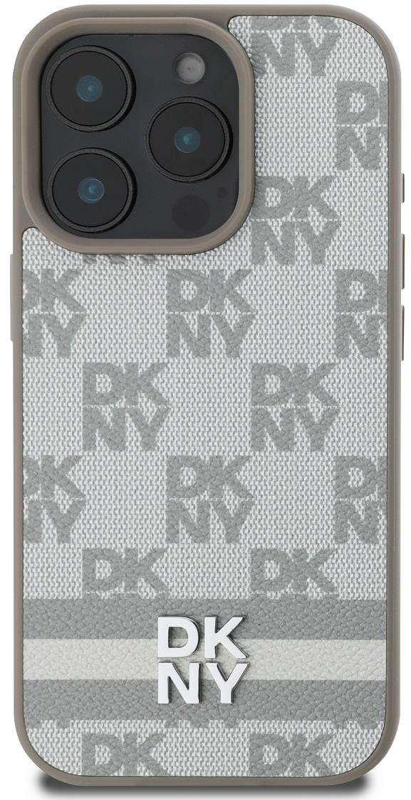 DKNY PU Leather Checkered Pattern and Stripe Zadní Kryt pro iPhone 16 Pro Beige