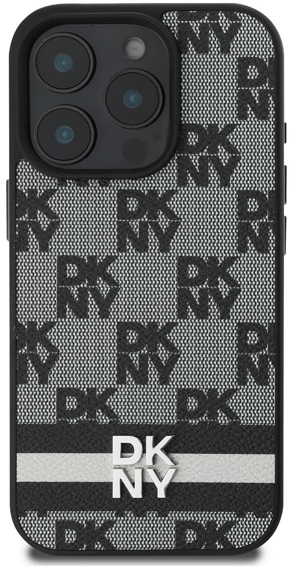 DKNY PU Leather Checkered Pattern and Stripe Zadní Kryt pro iPhone 16 Pro Black