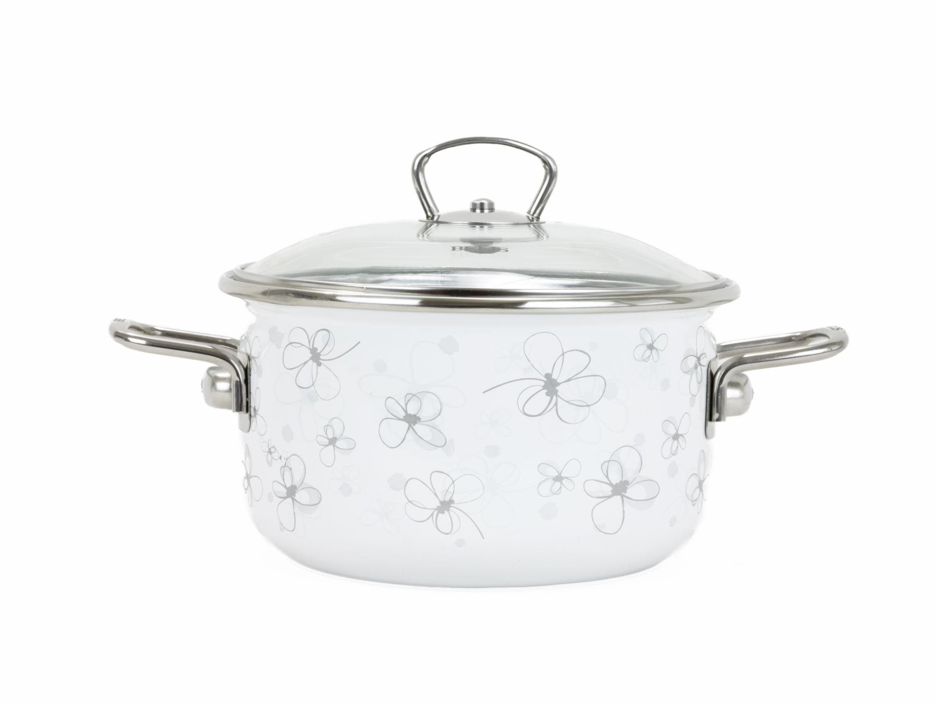 BELIS Smaltovaný hrnec se skl. poklicí Premium bílý 16 cm, 1,5l