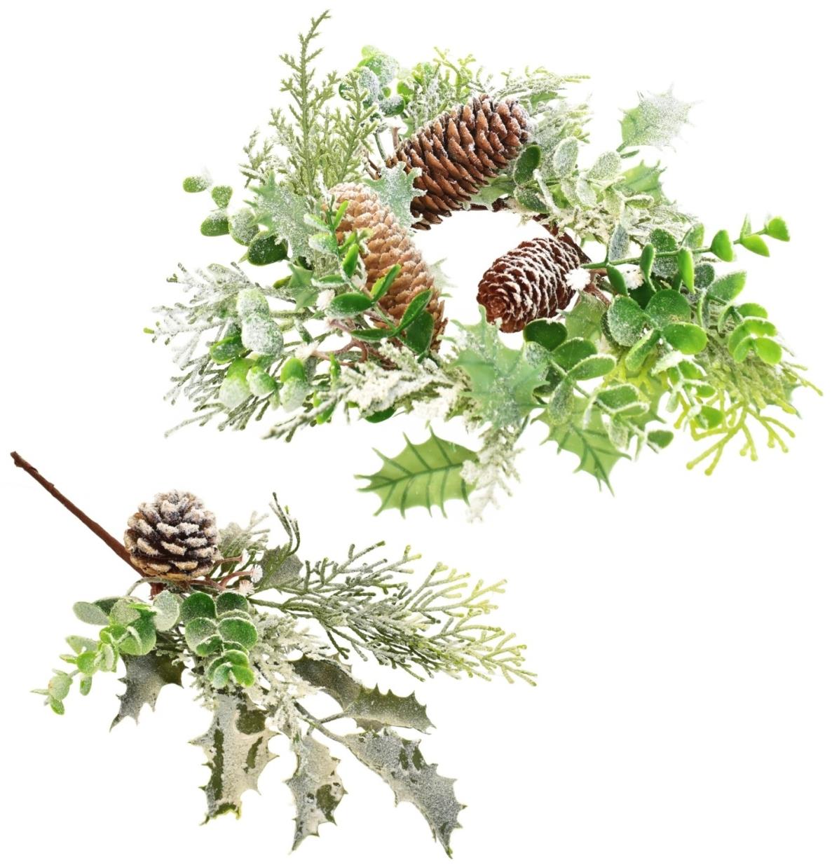 BerryHome Vánoční věnec + zelená větvička s jinovatkou, 28/33 cm