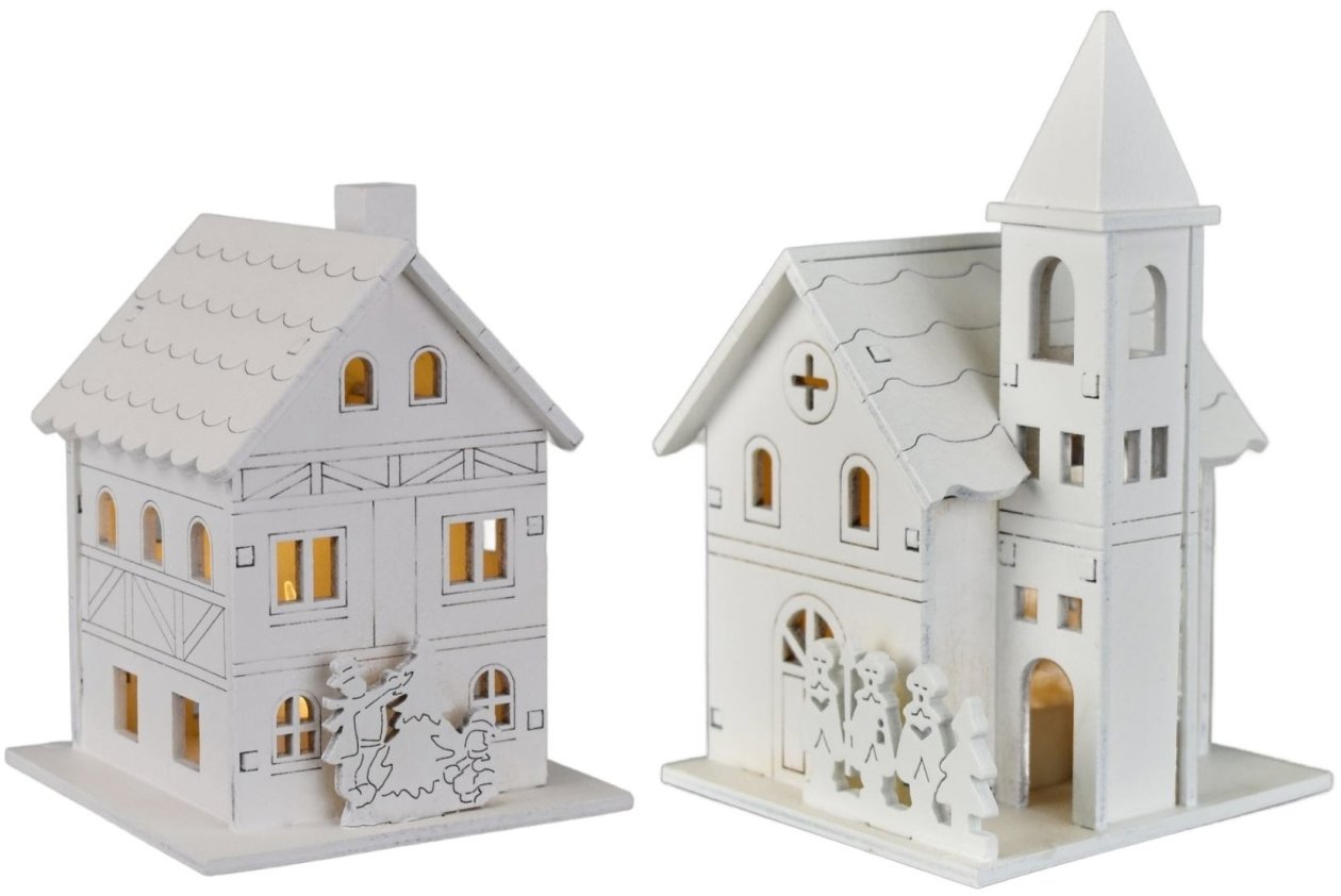 BerryHome Dřevěný domeček a kostelík LED osvětlení, set 2 ks