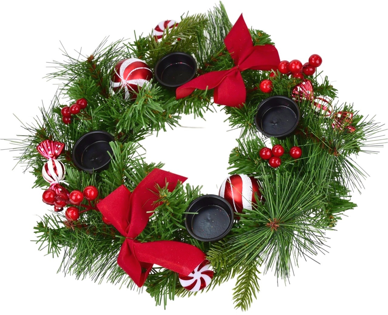 BerryHome Adventní věnec s červenou mašlí a candy dekoracemi, O 30 cm