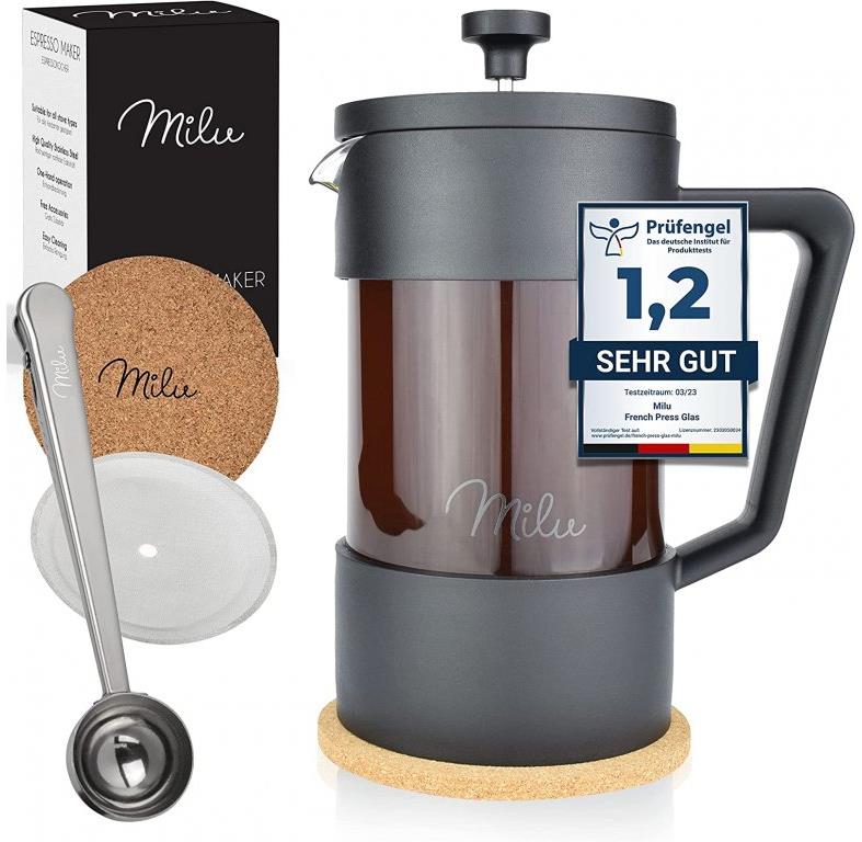 Milu French Press 600 ml, 3 šálky, náhradní filtr, kávová lžička a podtácek