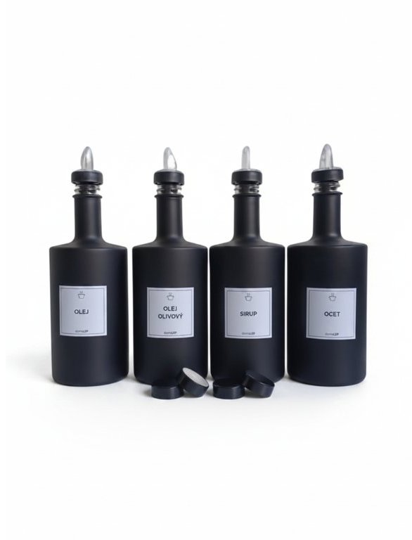 DomaLEP Sada 4 ks skleněných lahví VILO 500 ml – černá matná s nálevkou