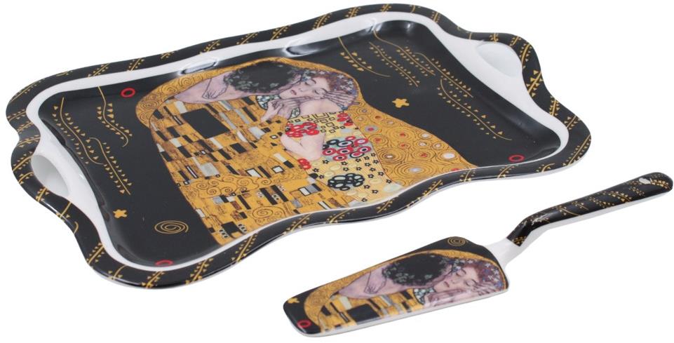 HOME ELEMENTS Talíř s náčiním na dort 35 cm Klimt - Polibek tmavý