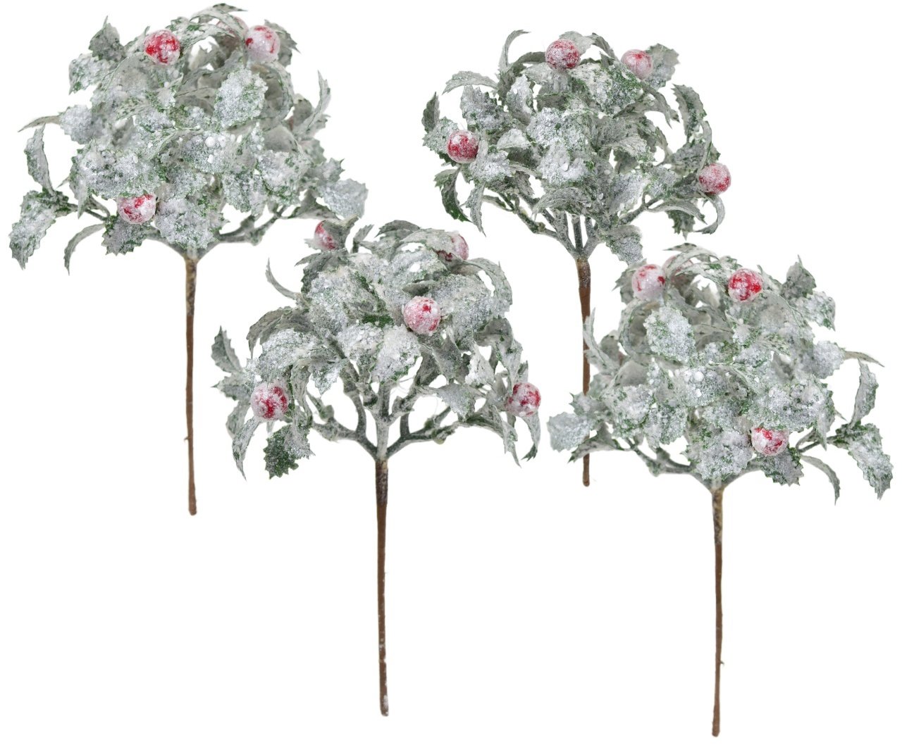 BerryHome Keřík zelený s červenými bobulemi s jinovatkou 25 cm, set 4 ks