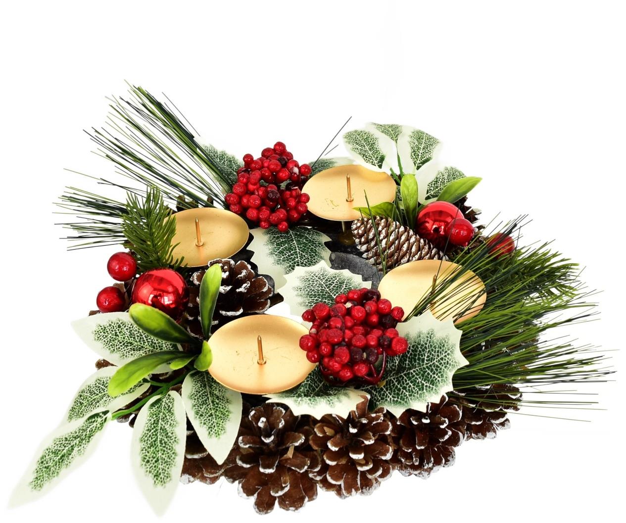 BerryHome Vánoční svícen - šiškový s cestmínou, 7 × 24 cm