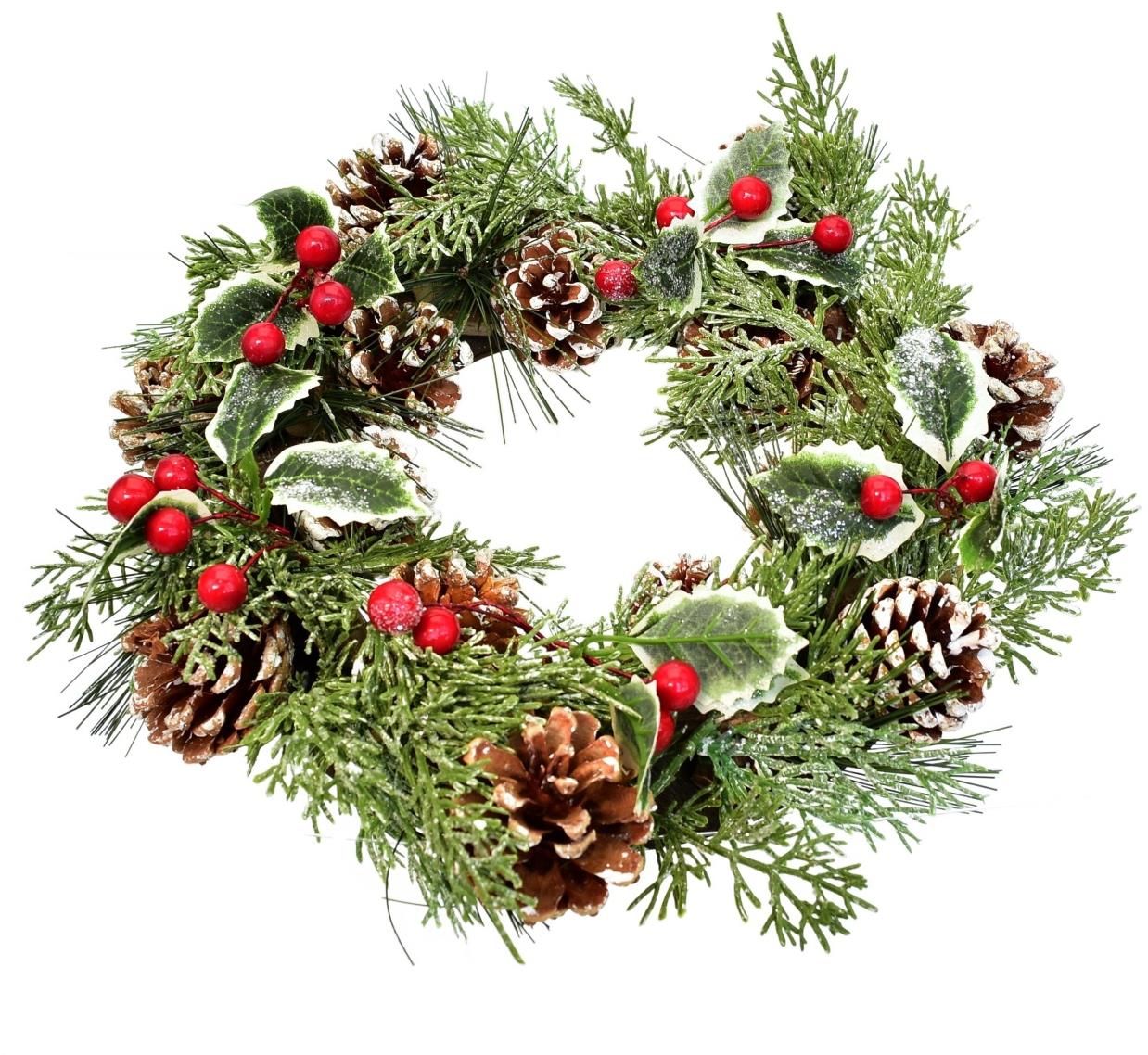 BerryHome Vánoční věnec - šiškový s cesmínou, 26 cm
