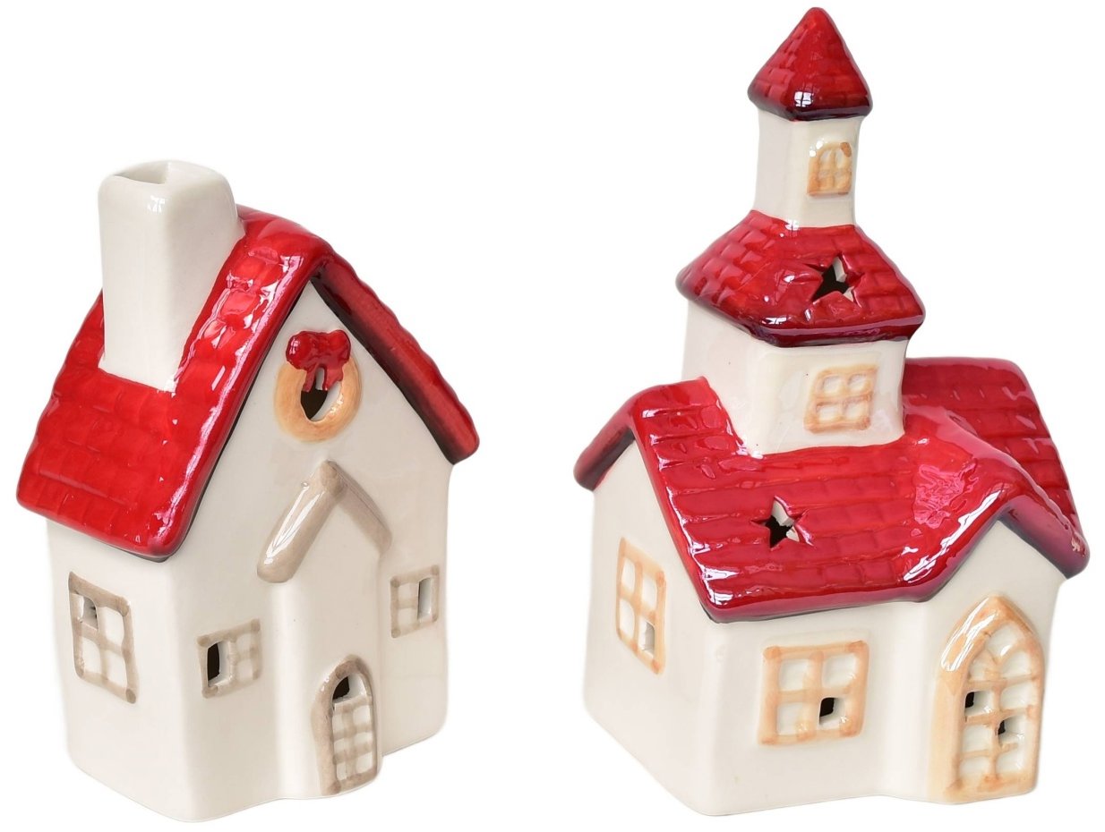 BerryHome Kostel 16 cm a domeček 13 cm keramický s LED osvětlením, set 2 ks