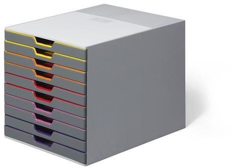 DURABLE Varicolor 10 zásuvek v šedé barvě s barevnými rozlišeními.