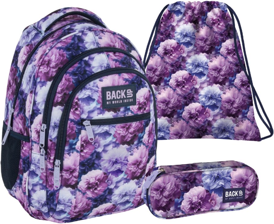Derform Zvýhodněný školní set BackUP Violet Flowers 3v1 – batoh, penál a vak