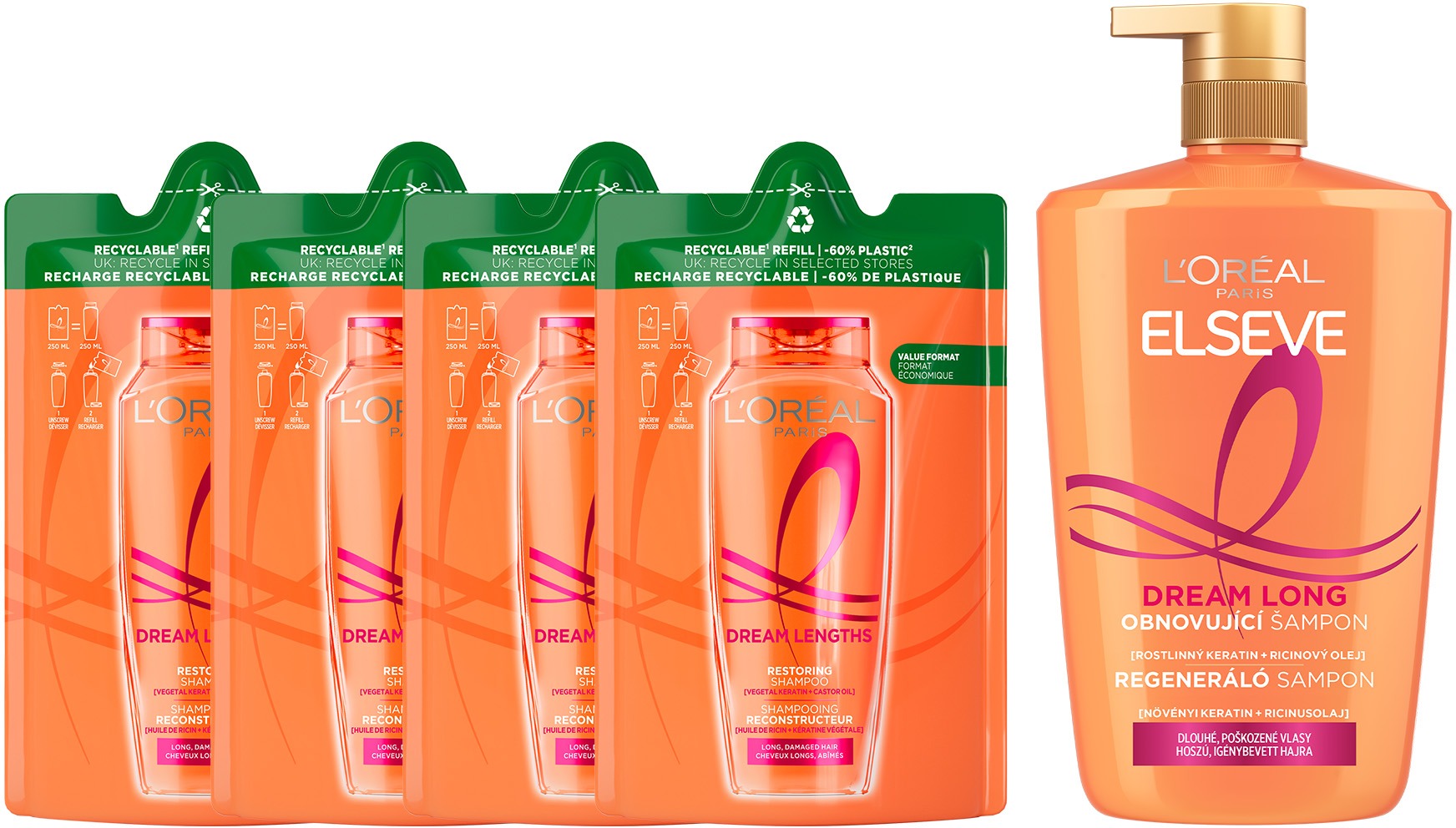 L'ORÉAL PARIS Elseve Dream Long Shampoo 1000 ml + 4x náhradní náplň 250 ml