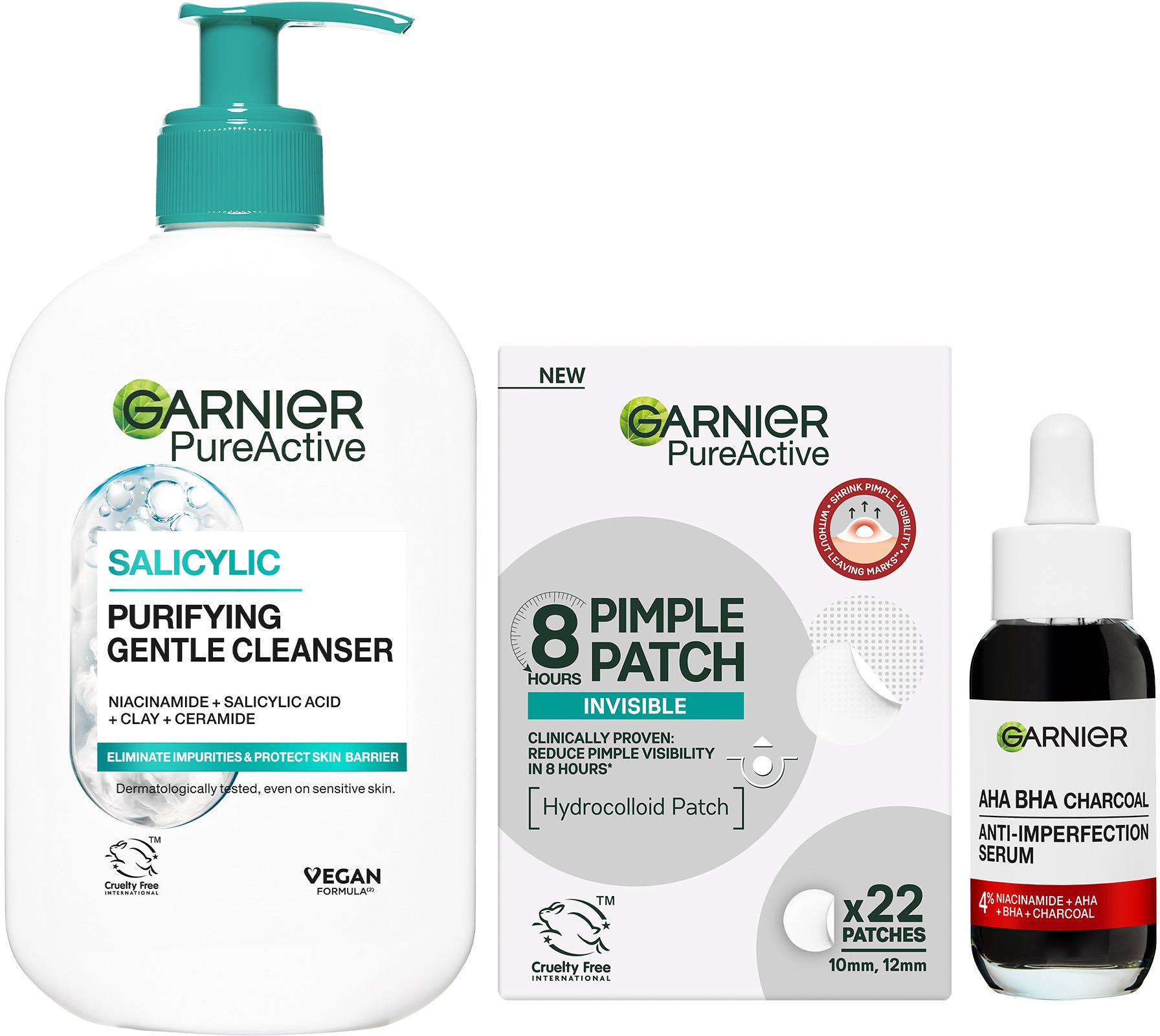 GARNIER Pure Active Charcoal 30 ml + Pimple Patch 22 ks + Hydrating Deep Cleanser 250 ml
