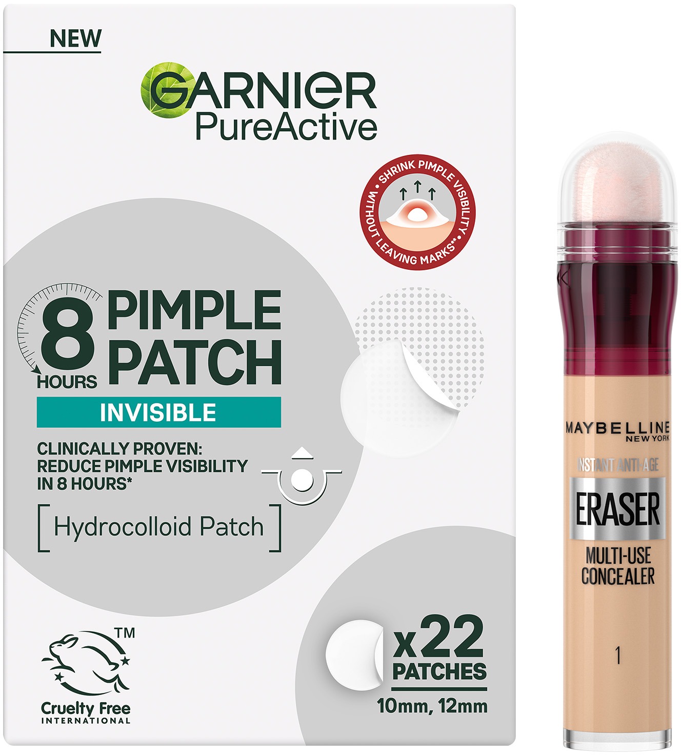 GARNIER Pimple Patch 22 ks + MAYBELLINE NEW YORK Instant Anti-Age Eraser Light 6,8 ml