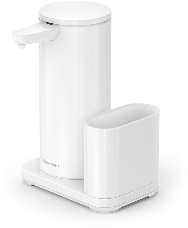 Simplehuman Bezdotykový dávkovač mýdla 414 ml + držák na houbičku, bílá ocel