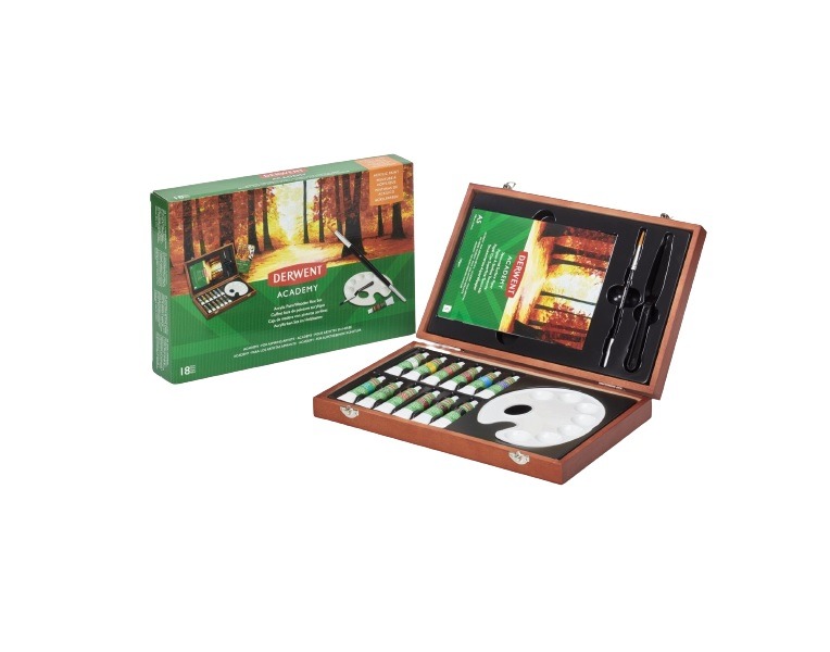 DERWENT Academy Acrylic Paints Wooden Box Set v dřevěném kufříku
