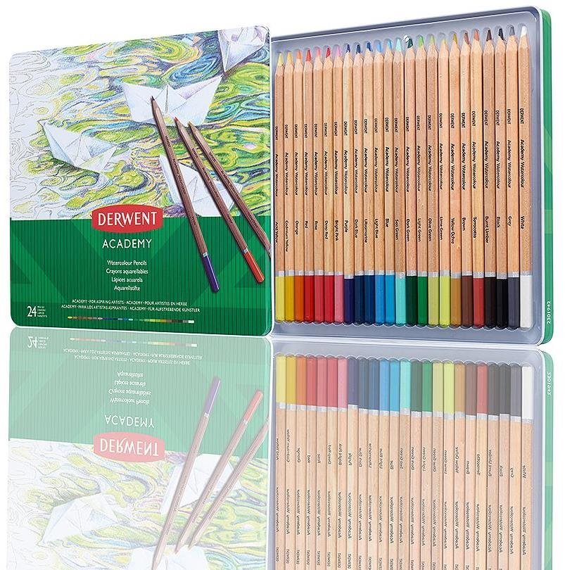 Derwent Academy Watercolour Pencils Tin v plechové krabičce, šestihranné, 24 barev