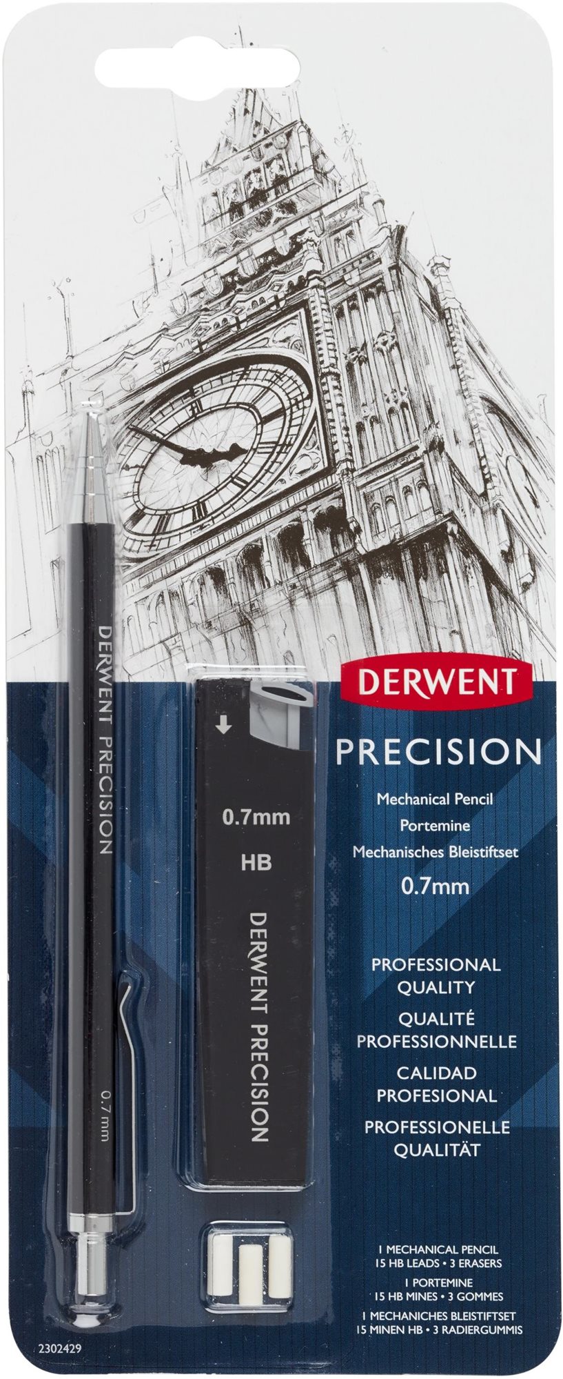 Derwent Precision Mechanical Pencil Set 0.7 mm HB - kompletní sadba psacích potřeb s 15 tuhama 0.7 mm HB a 3 gumami.