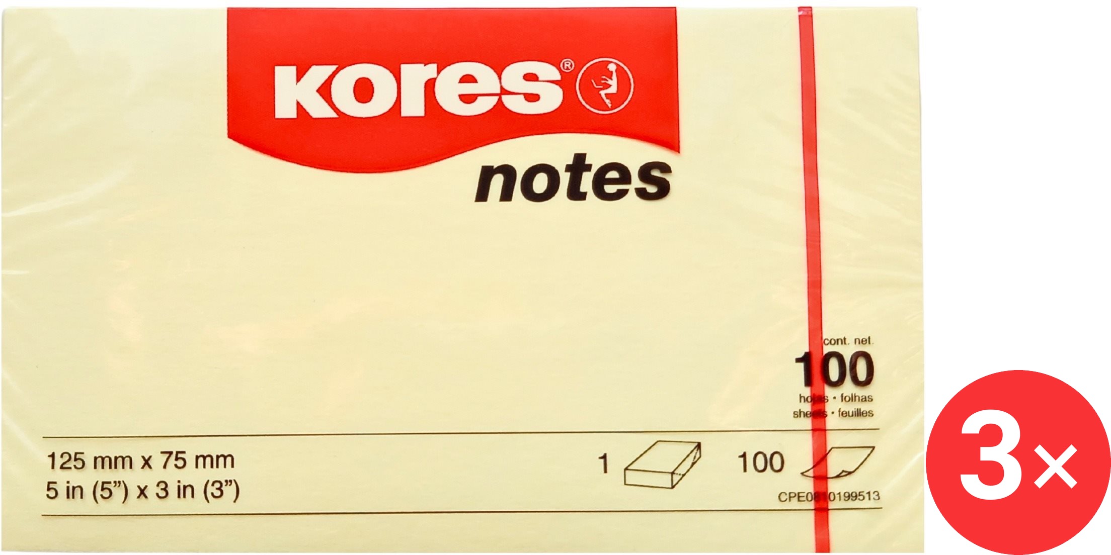 KORES 125 x 75 mm, 100 lístků, žlutý - balení 3 ks