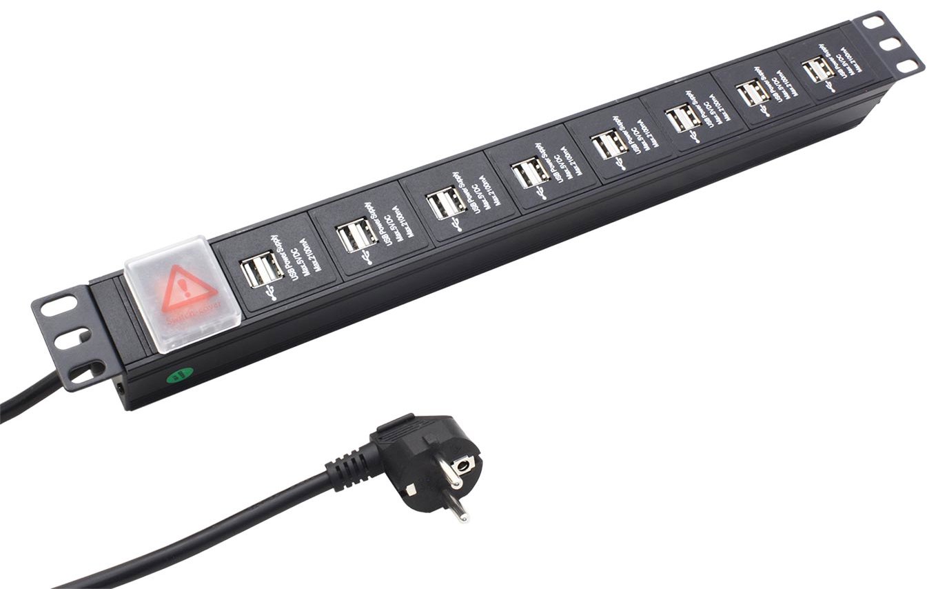 EFB 19'' napájecí panel 1U, 16 × USB A (2,1A pro 2 porty) vypínač, 3 m