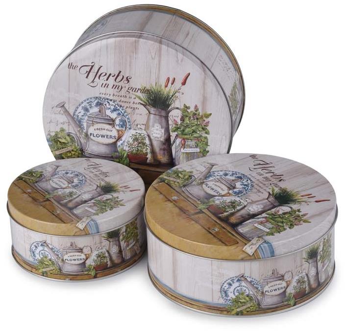 Emocio Plechová kulatá dóza Herbs, set 3 ks, 200 × 90/185 × 80/140 × 65 mm