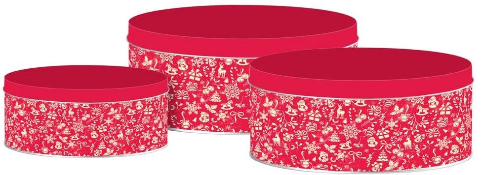 Emocio Plechová kulatá dóza Holly Jolly, červená, set 3 ks, 200 × 90/185 × 80/140 × 65 mm