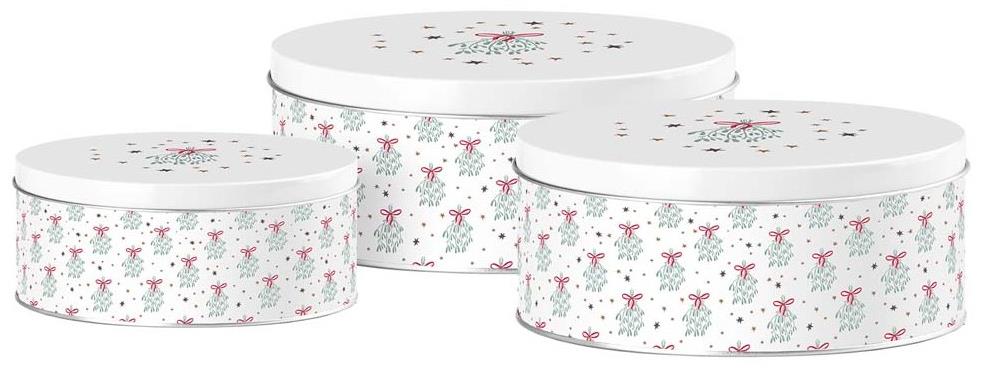 Emocio Plechová kulatá dóza Mistletoe magic, bílá, set 3 ks, 200 × 90/185 × 80/140 × 65 mm
