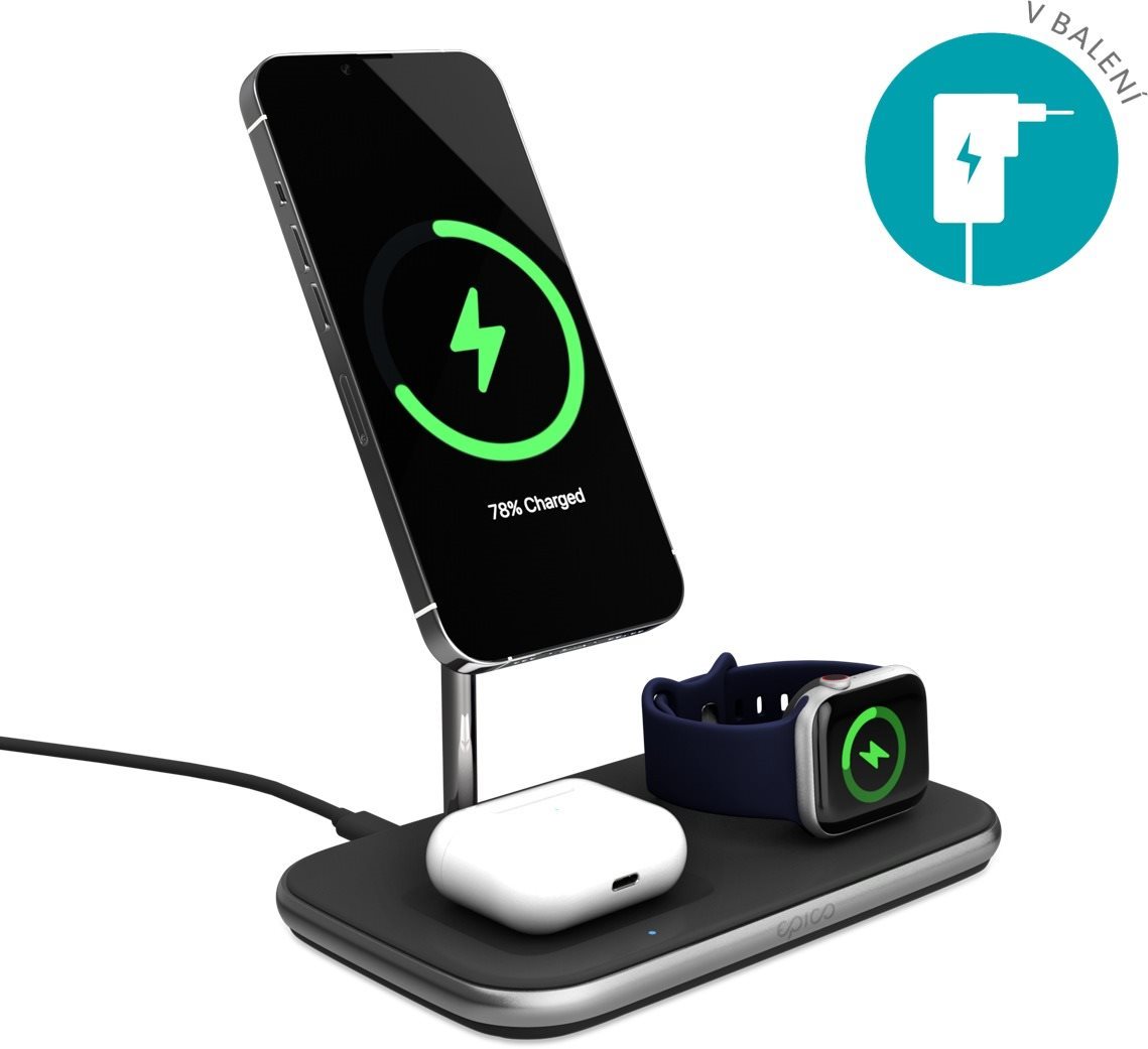 Epico 3in1 bezdrátová nabíječka Made for MagSafe s adaptérem v balení - černá