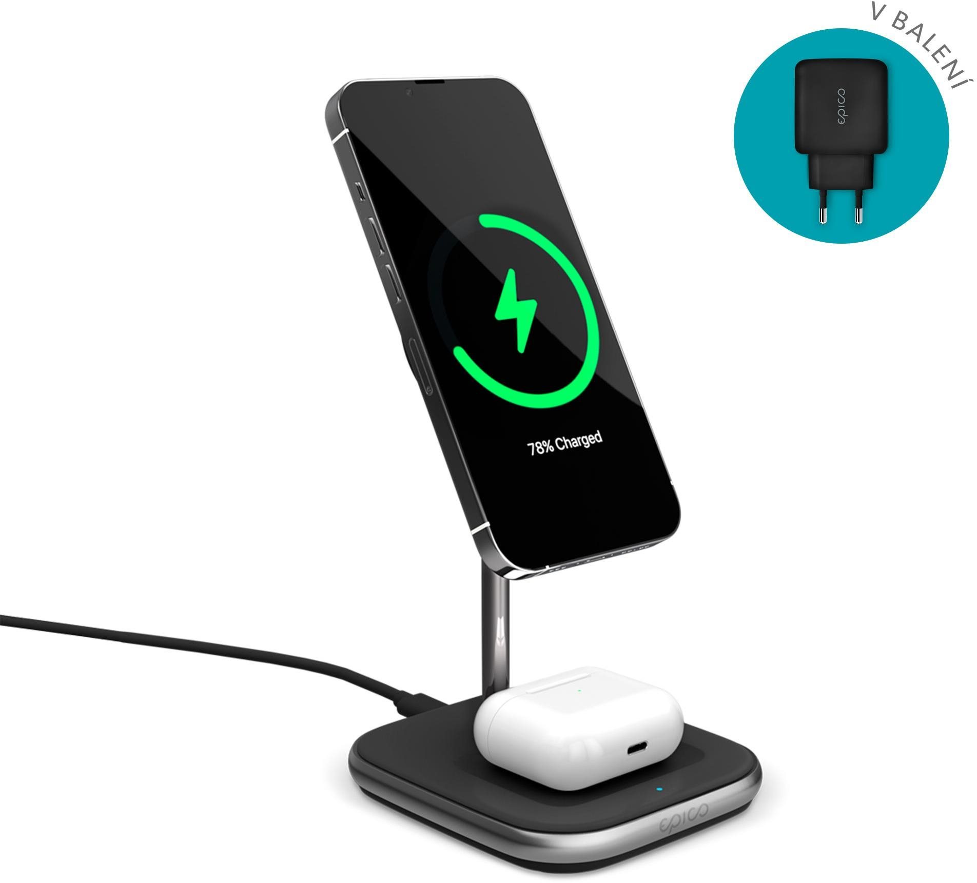 Epico 2in1 bezdrátová nabíječka Made for MagSafe s adaptérem v balení - černá