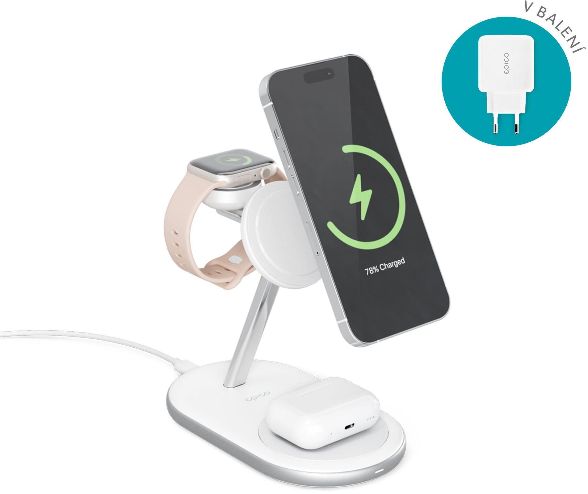 Epico 3v1 nabíjecí stojánek Made for MagSafe s adaptérem v balení - bílý