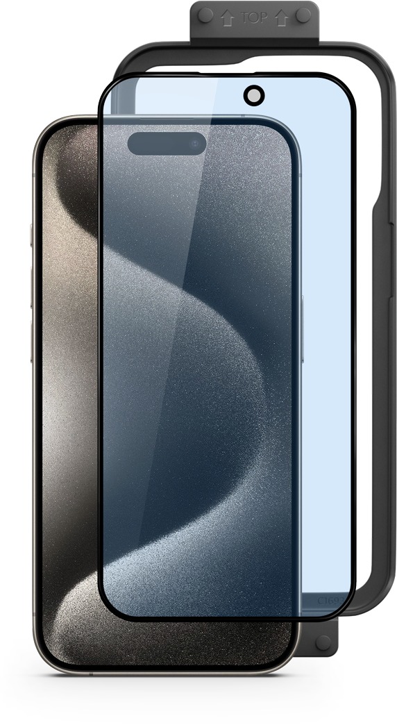 Epico 3D+ ochranné sklo s filtrem proti modrému světlu pro iPhone 15 Plus - s instalačním rámečkem