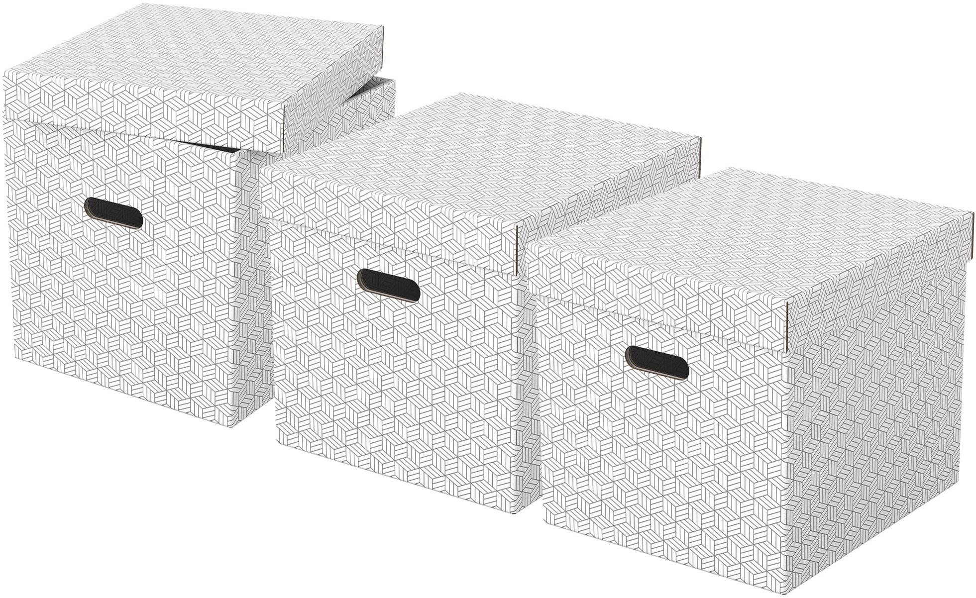 Set tří krychlových archivačních krabic ESSELTE Home v bílé barvě.