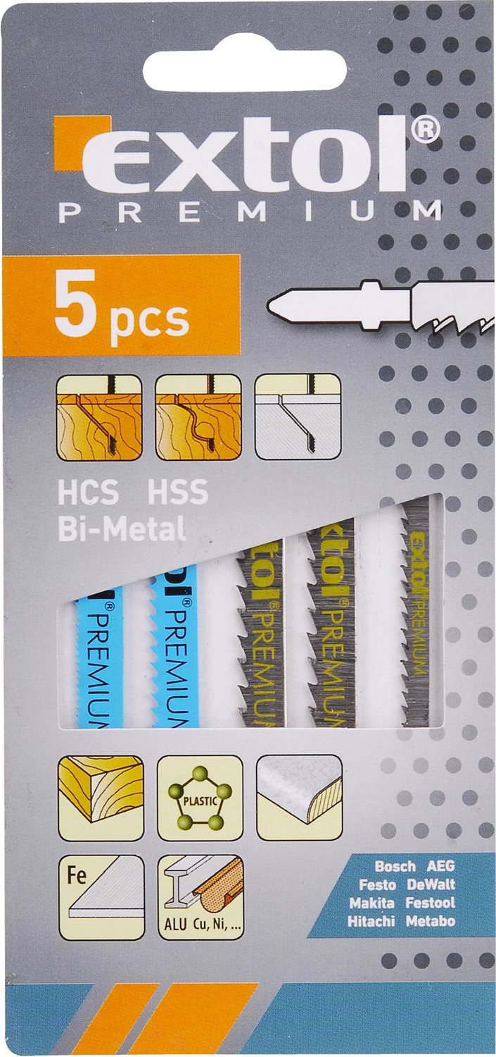 EXTOL PREMIUM plátky do přímočaré pily-mix, sada 5ks, Bi-metal, HSS, HCS, 8805100
