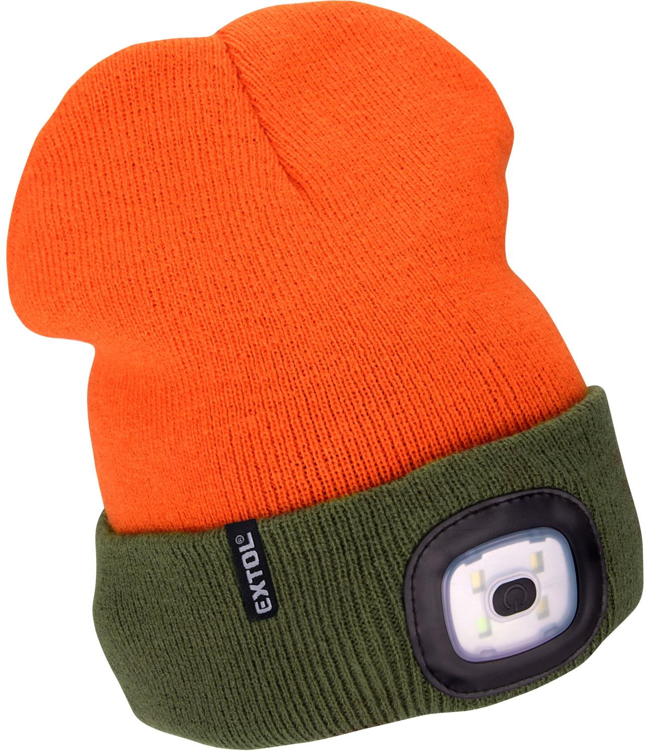EXTOL LIGHT Čepice s čelovkou 4×45 lm, fluorescentní oranžová/khaki zelená, oboustranná UNI